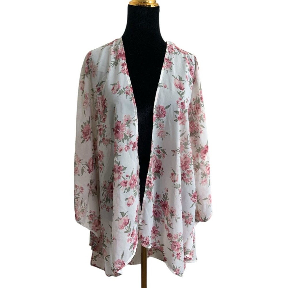 White Sheer Floral Kimono Beach Cover-Up Pink Roses XL Lightweight Flowy